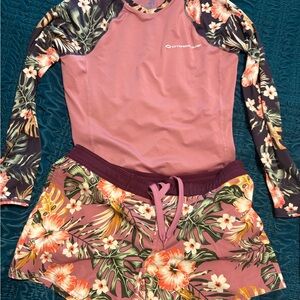 Pink Floral Tropical Print Rash Guard Swim Set